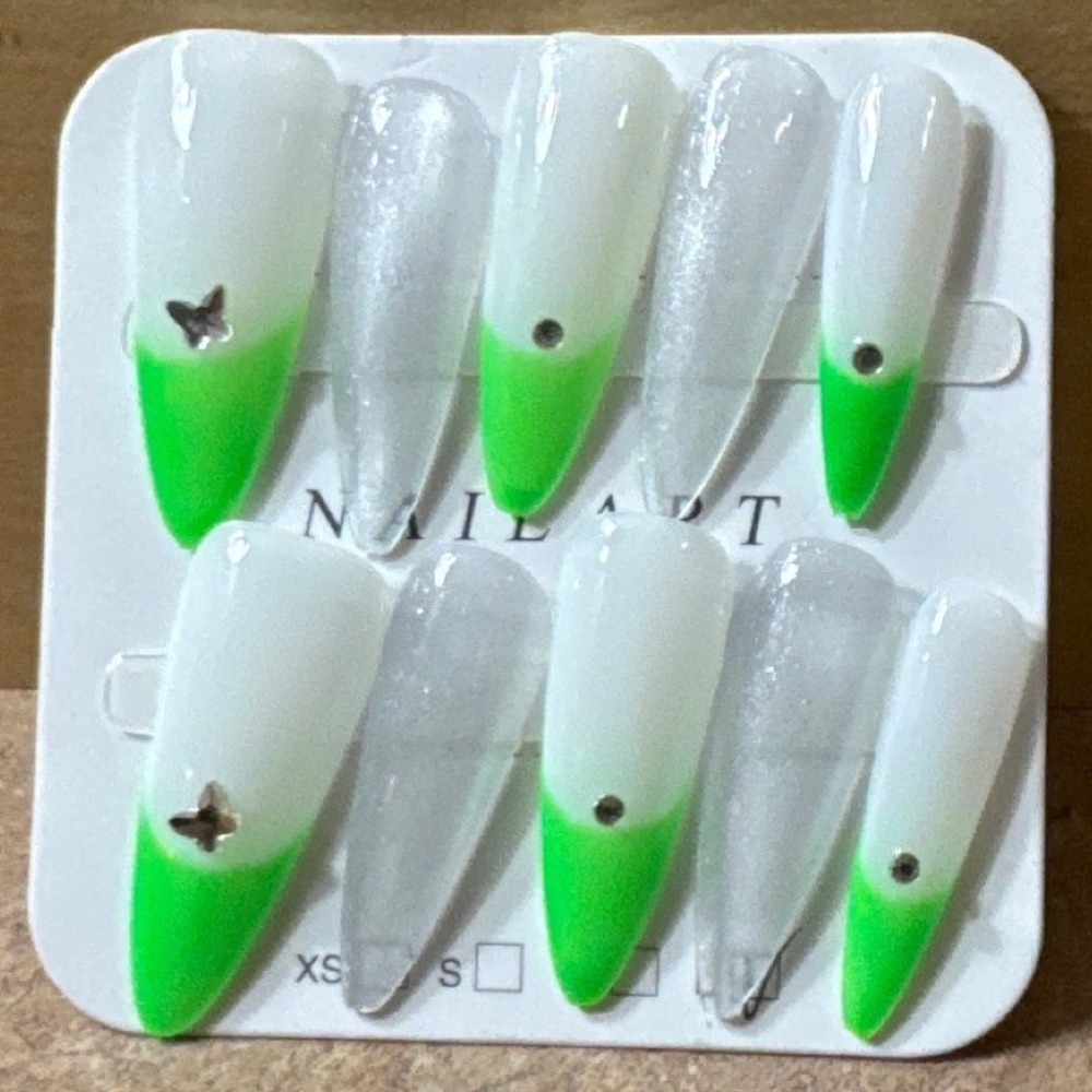 Press On Nails Green White Ombre Butterfly Rhinestone Stiletto‎
